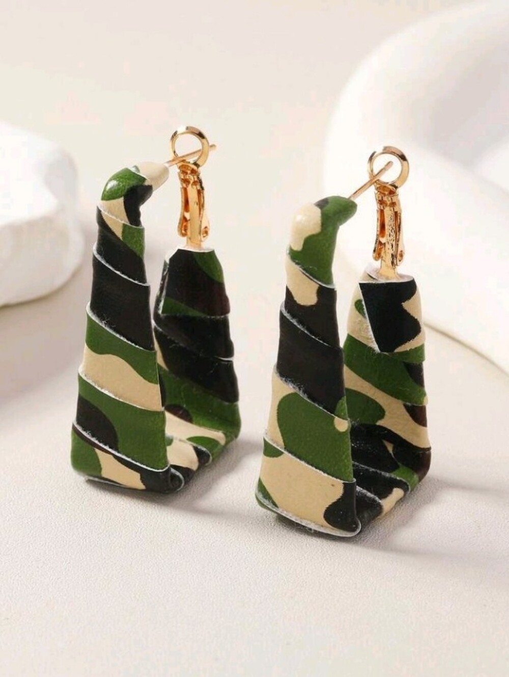 NEW! Gold Camo Army Green Camouflage Geometric Twist Drop Earrings